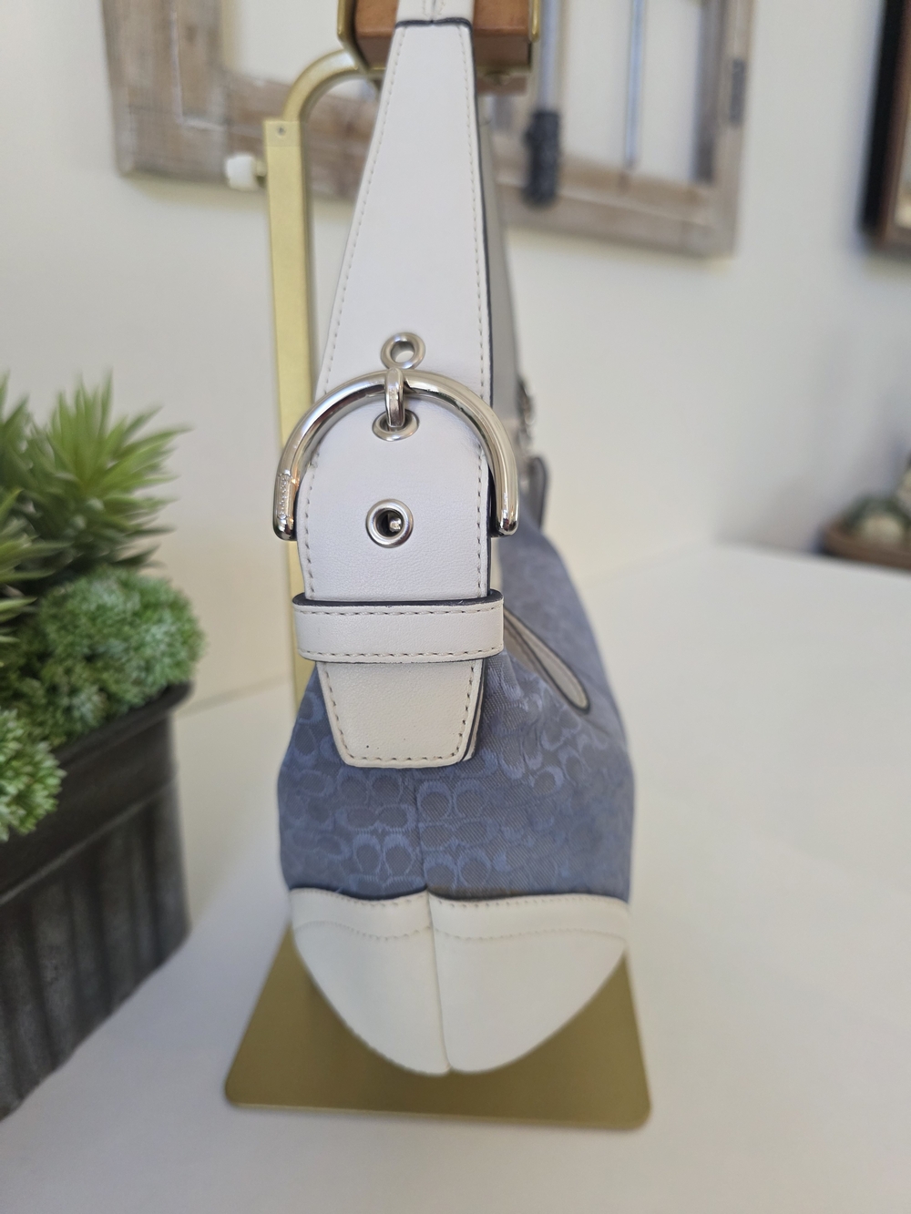 Coach Soho Signature Jacquard Hobo Shoulder Bag Denim Blue White Leather Y2K - Picture 5 of 13
